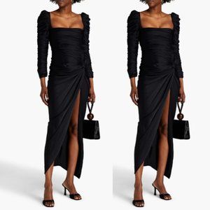 Khaite Shawna Ruched Satin Crepe Midi Dress Black High Slit Square Neckline